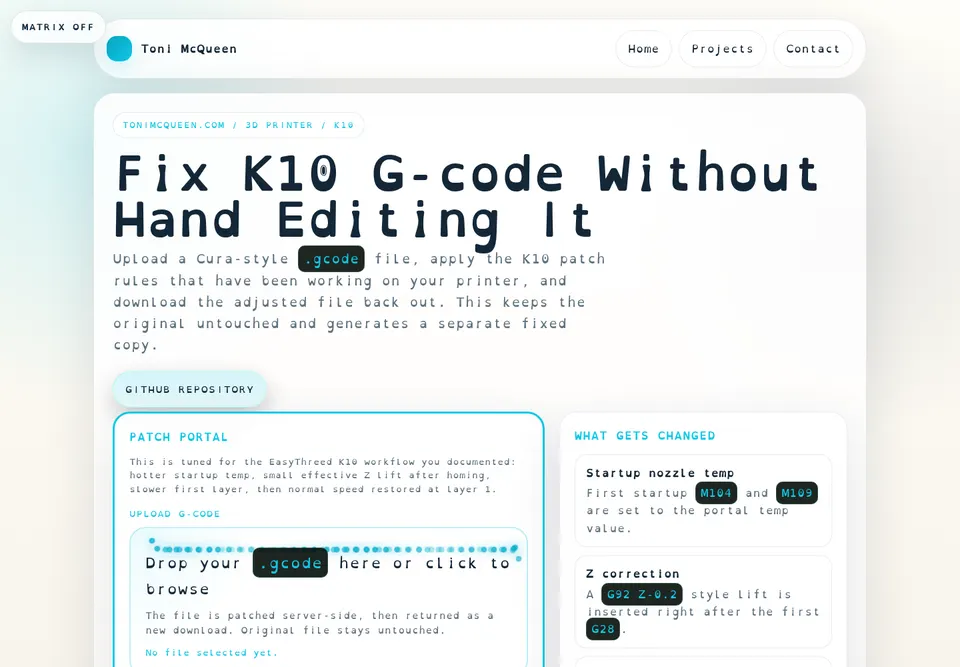 Screenshot of K10 G-code fix web tool