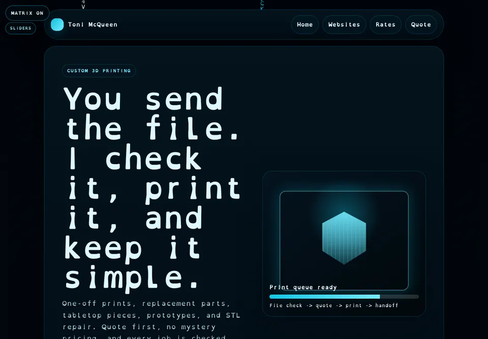 Screenshot of Toni McQueen 3D prints shop