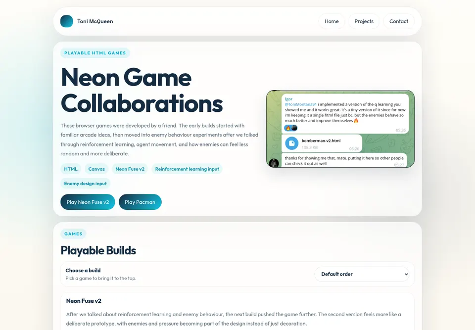 Screenshot of neon game collaborations page