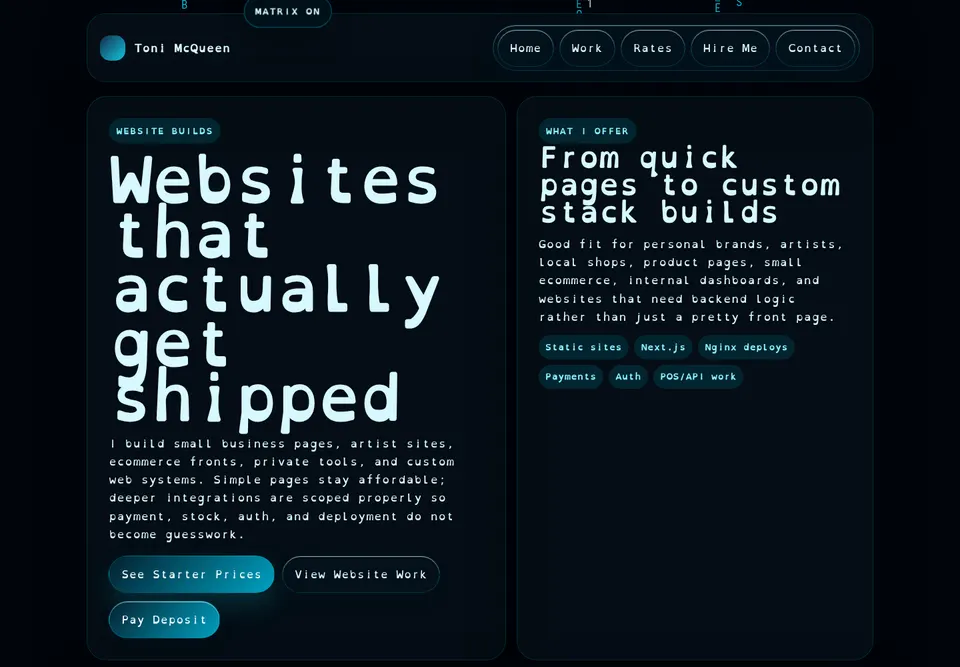 Screenshot of Toni McQueen website showcase