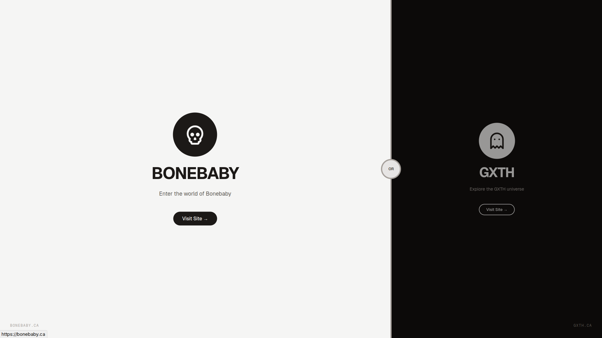BONEBABY x GXTH hover state showing enlarged focus on the Bonebaby side and the visit site call to action.