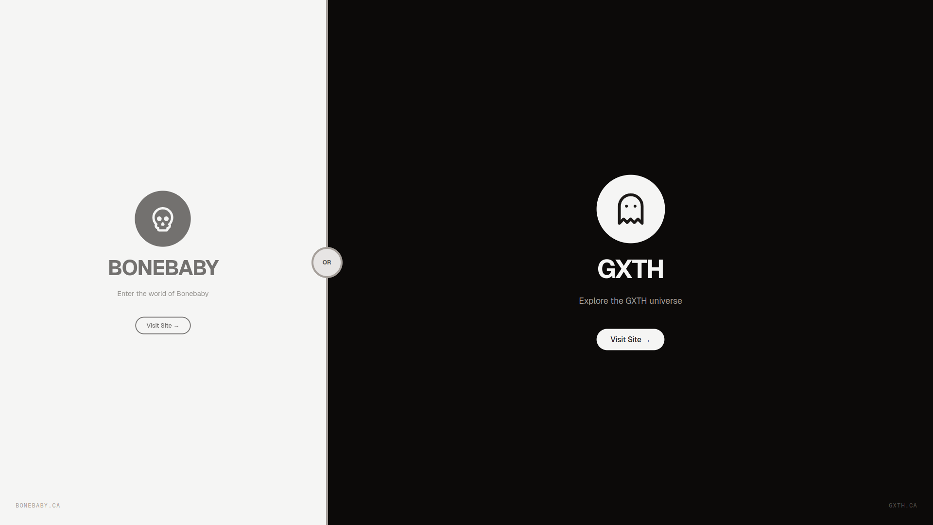 BONEBABY x GXTH split landing page showing Bonebaby on one side and GXTH on the other.